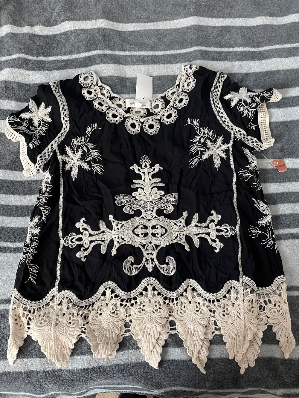 Embroidered Black Blouse with Ivory Lace Trim